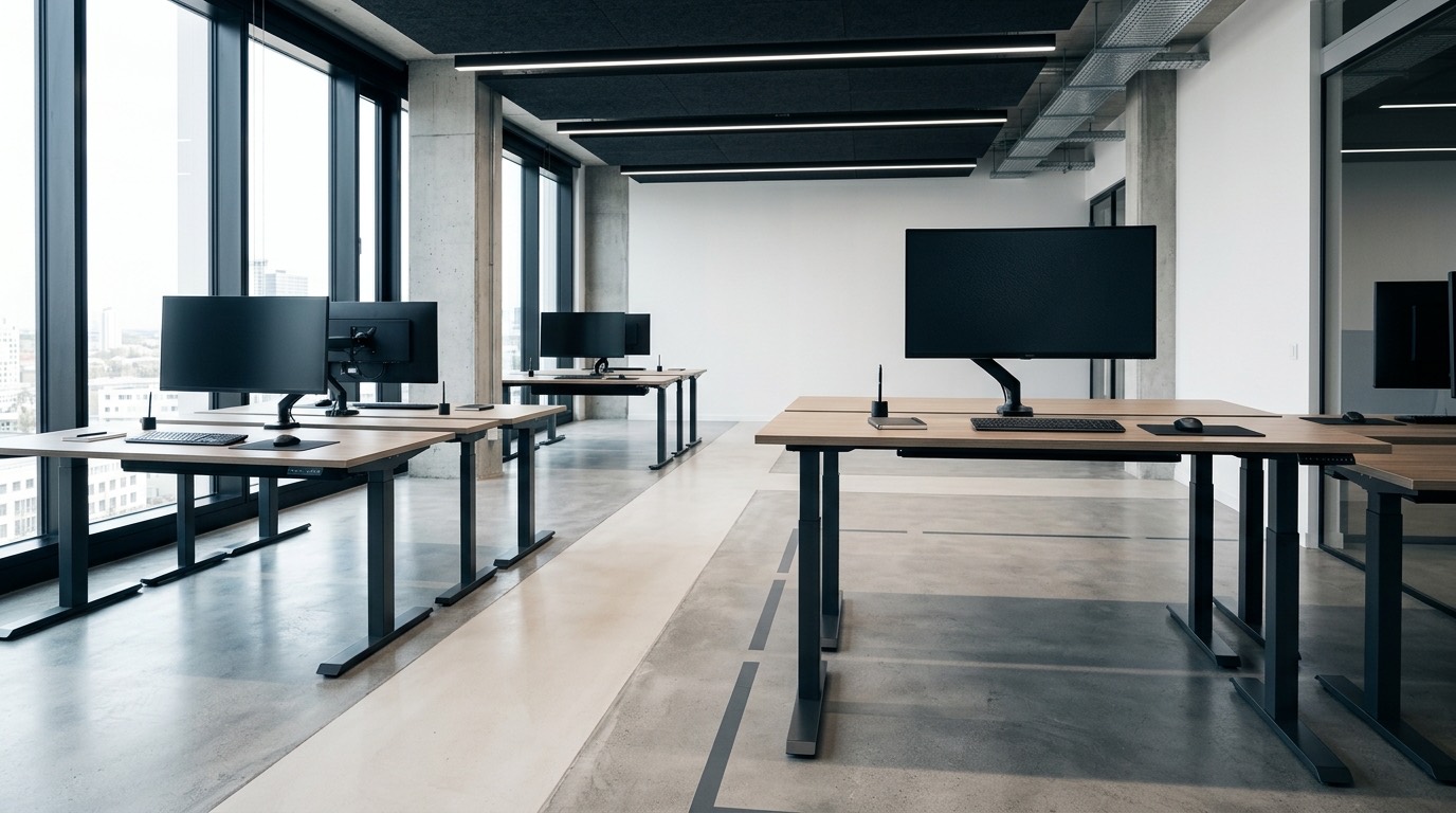 Height-adjustable workstation with clear space for a wheelchair in an empty, bright open-plan office