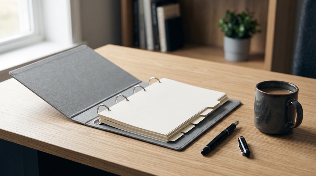 Open grey ring binder with blank divider sheets on a light wooden desk, beside a fountain pen and a coffee mug